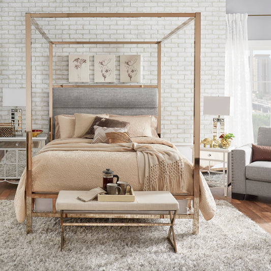 Metal Canopy Bed with Upholstered Headboard - Grey Linen, Champagne Gold Finish, Queen Size