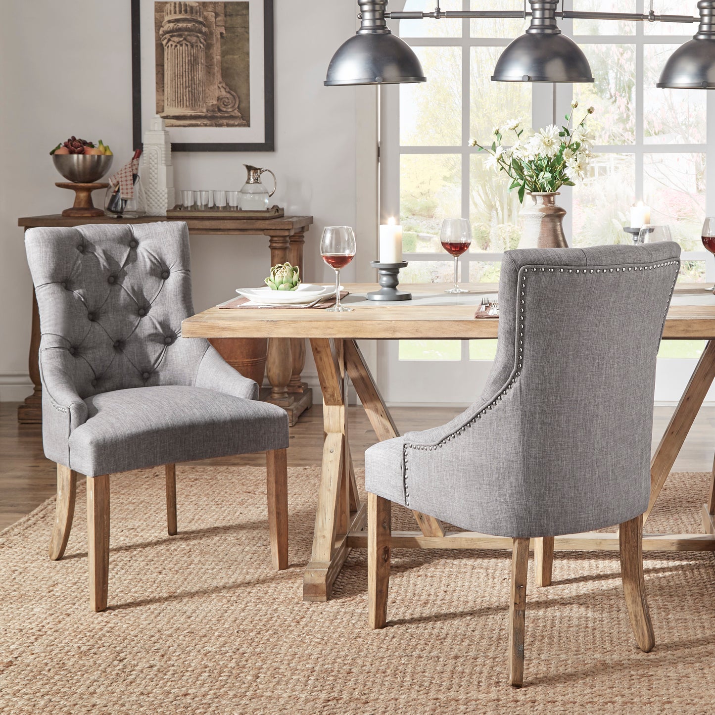 Linen Button Tufted Curved Back Dining Chairs (Set of 2) - Gray Linen