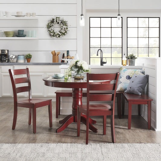 Wood 5-Piece Breakfast Nook Set - Antique Berry Red Finish, Ladder Back, Round Table