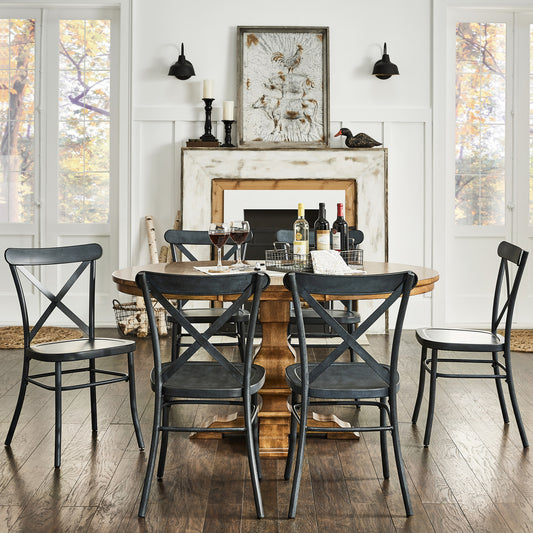 Oak Finish Oval 7-Piece Dining Set - Antique Denim Finish Chairs