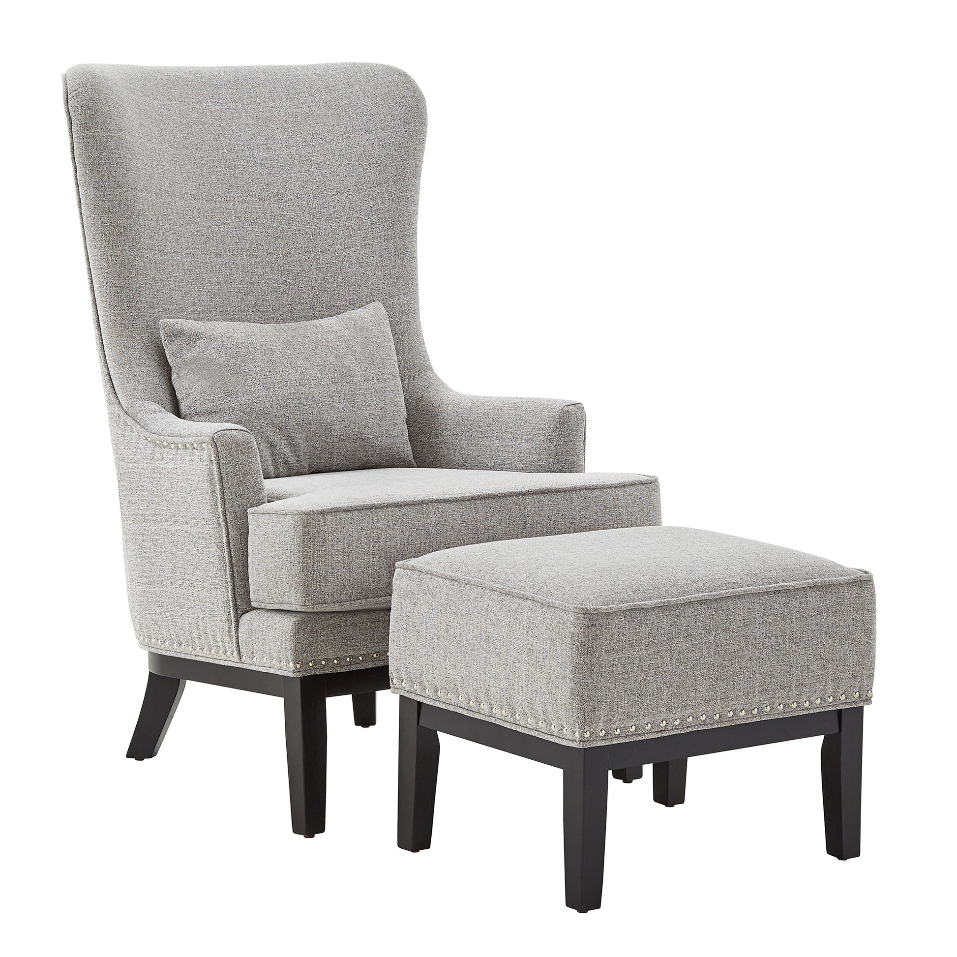 High Back Wing Lounge Chair with Footstool Light Grey Heathered