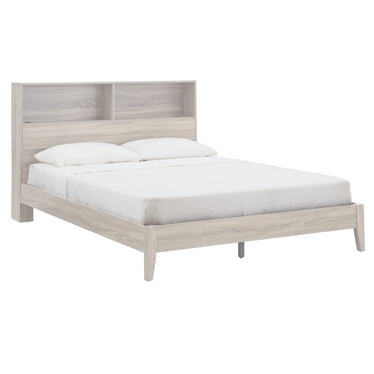 Bookcase Platform Bed with USBs - White Finish, Queen Size