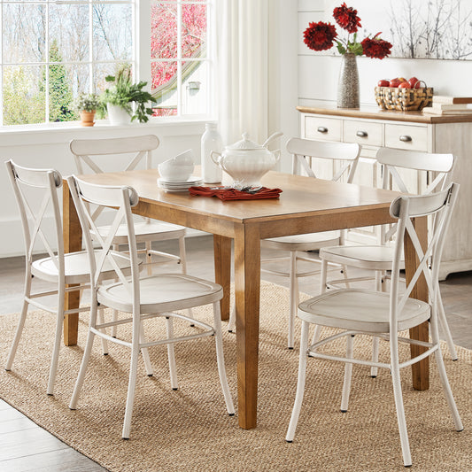 Oak Wood Finish Rectangle Dining Set - Antique White Finish, Rectangular Table, 7-Piece Set