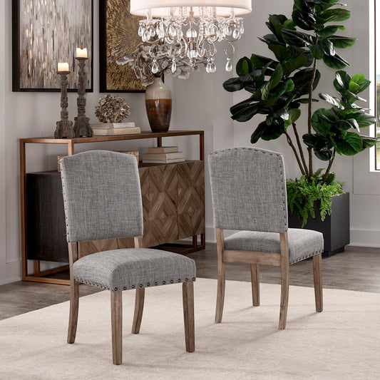 Linen Nailhead Chairs (Set of 2) - Antique Grey Finish, Grey Linen