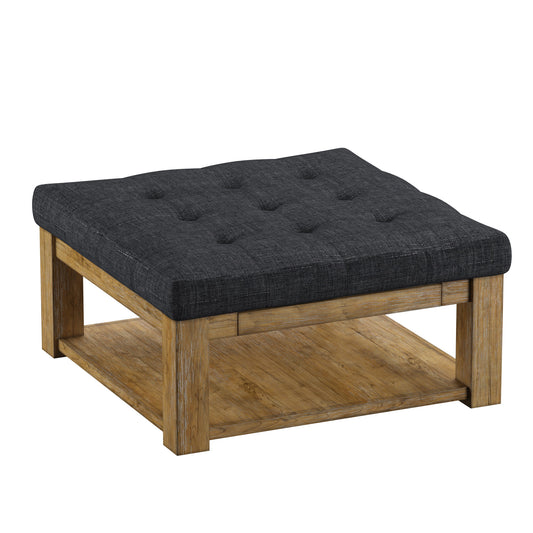 Pine Square Storage Ottoman Coffee Table - Dark Grey Linen, Dimpled Tufts