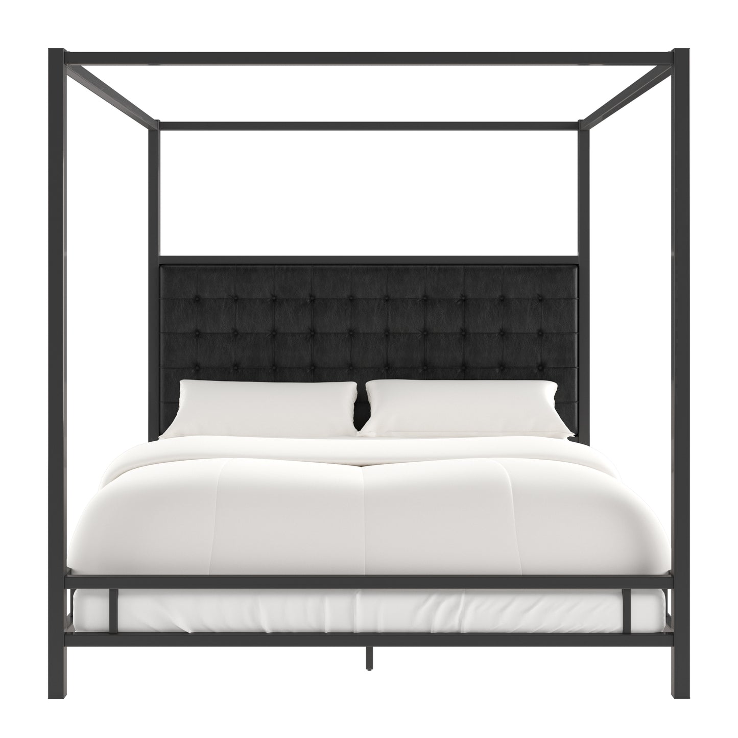 Metal Canopy Bed with Upholstered Headboard - Black Bonded Leather, Black Nickel Finish, King Size
