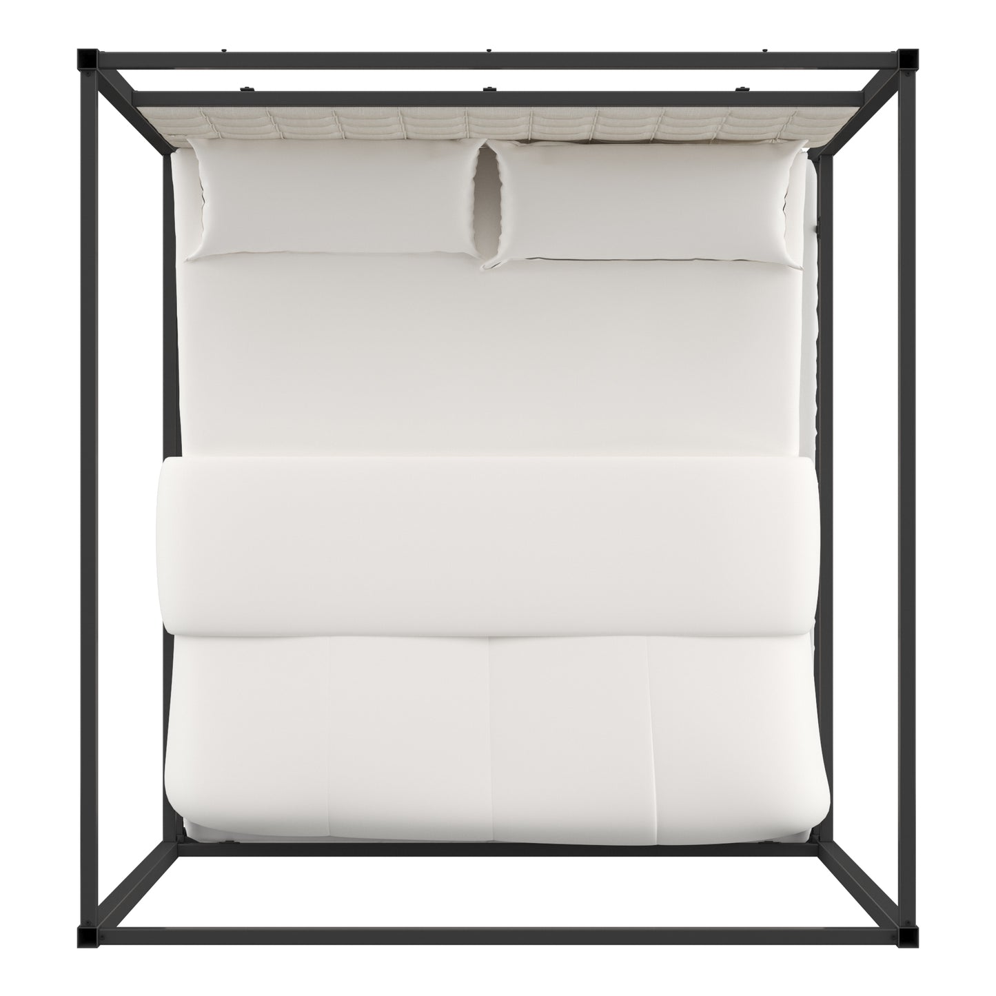 Metal Canopy Bed with Upholstered Headboard - Off-White Linen, Black Nickel Finish, King Size