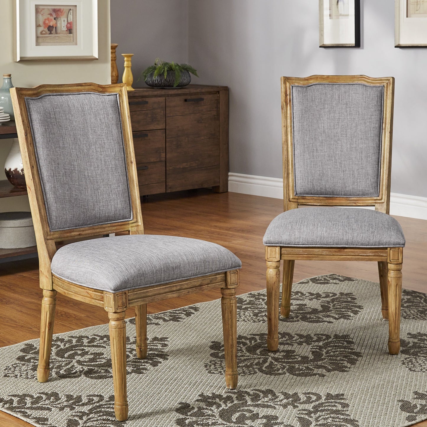 Round 5-Piece Dining Set - Grey Linen, Ornate Chair Backs