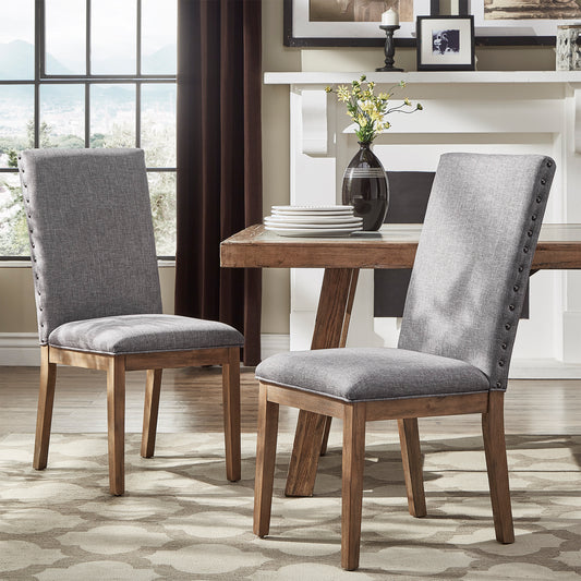 Nailhead Accent Parson Linen Dining Chairs (Set of 2) - Grey Linen, Natural Finish