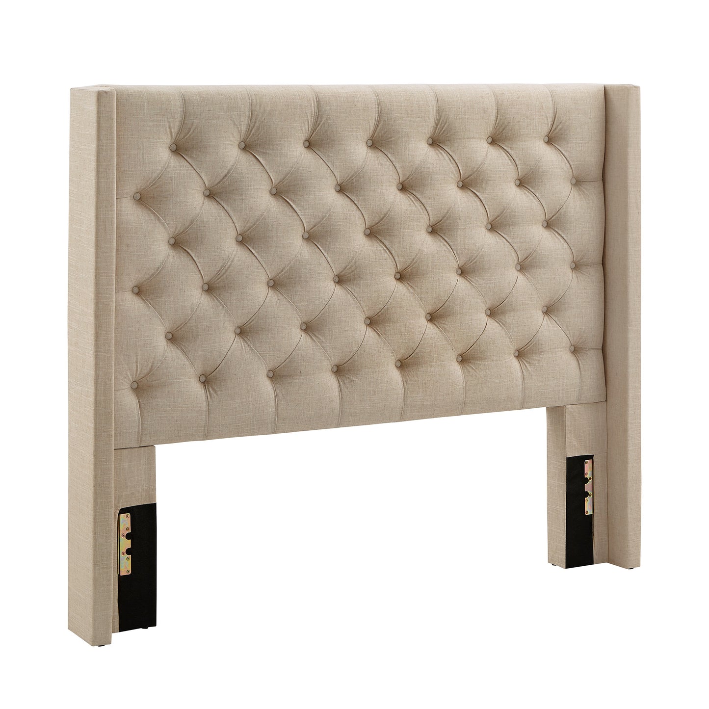 Wingback Button Tufted Linen Fabric Headboard - Beige, 52-inch Height, Full Size