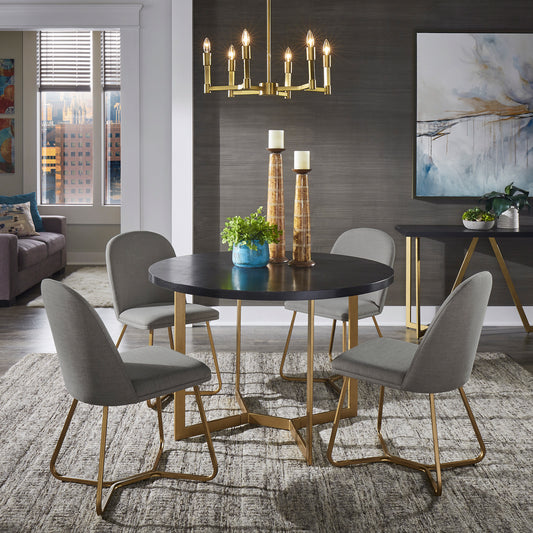 4-Person Gold Metal Base Dining Set - Black Round Table and Flint Grey Chairs