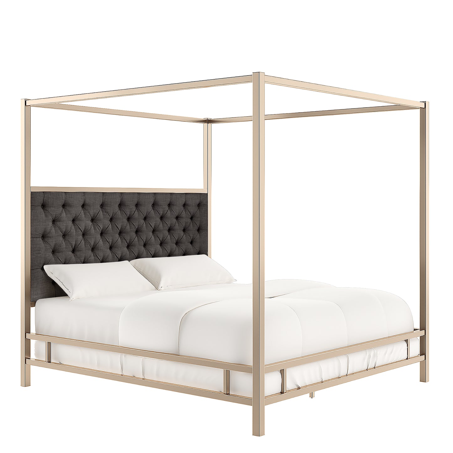Metal Canopy Bed with Upholstered Headboard - Dark Grey Linen, Champagne Gold Finish, King Size