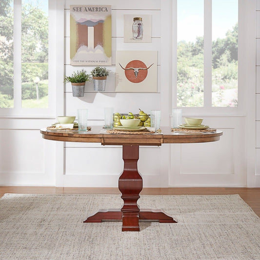 Two-Tone Oval Solid Wood Top Extending Dining Table - Oak Top with Berry Red Base