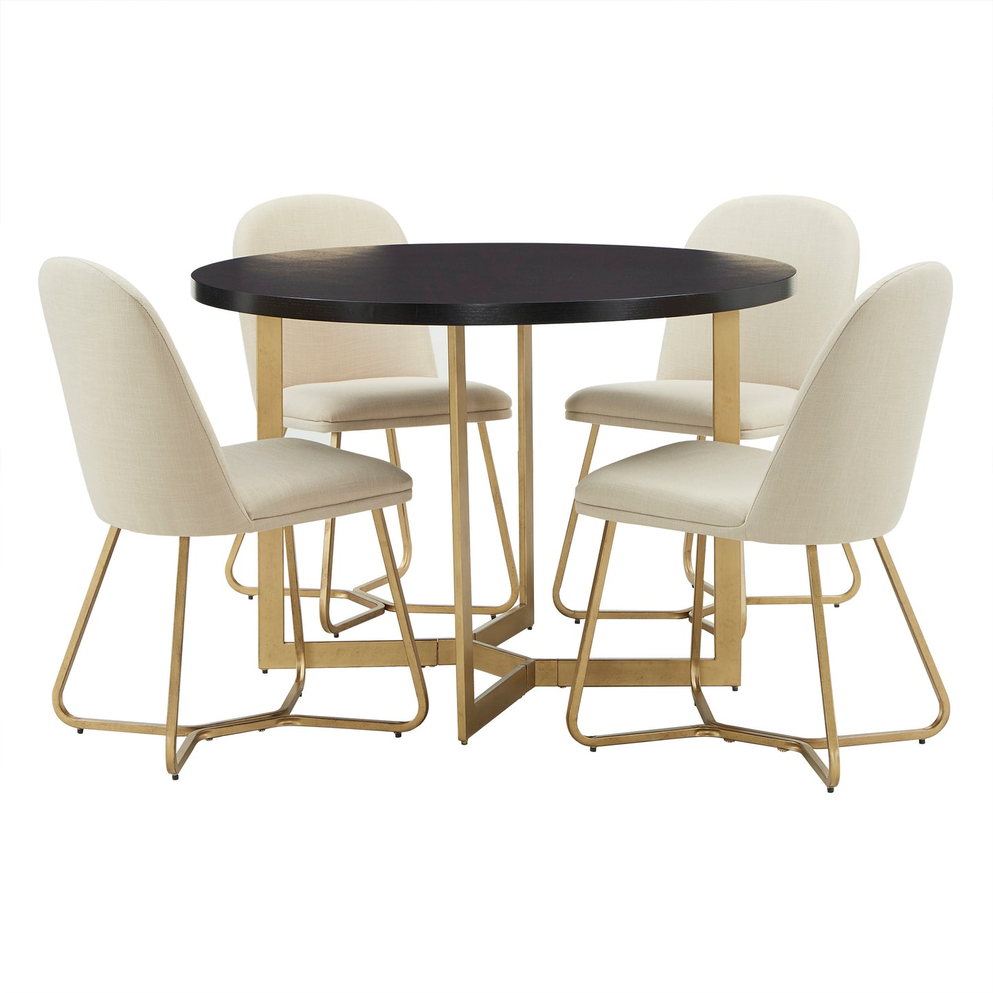4-Person Gold Metal Base Dining Set - Black Round Table and Beige Linen Chairs