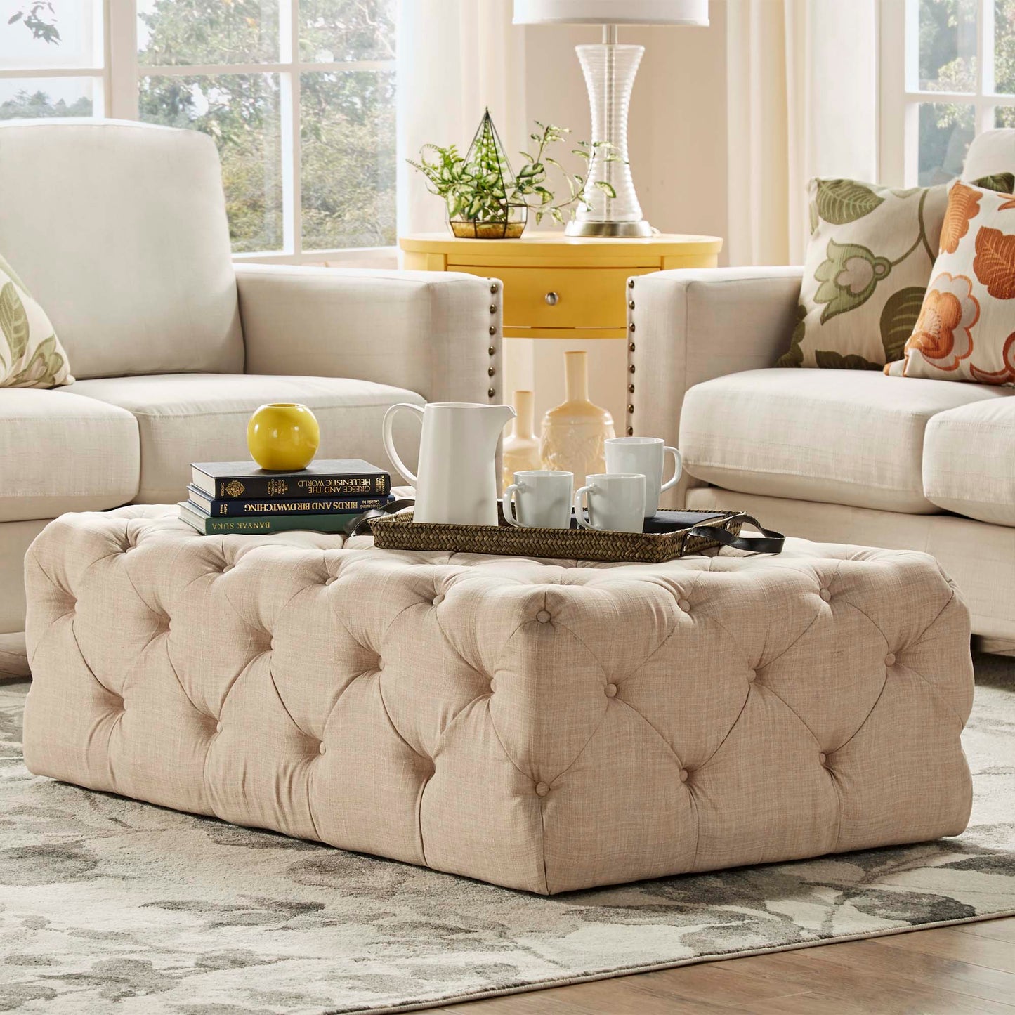 Rectangular Tufted Ottoman with Casters - Beige Linen