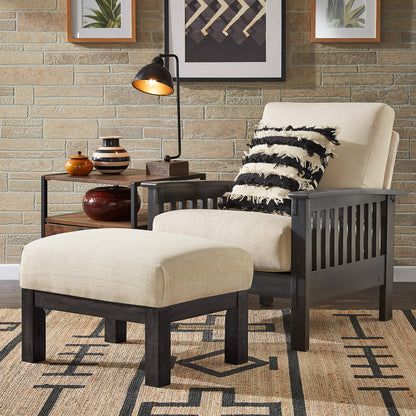 Mission-Style Wood Accent Chair with Ottoman - Beige Linen, Dark Grey Finish