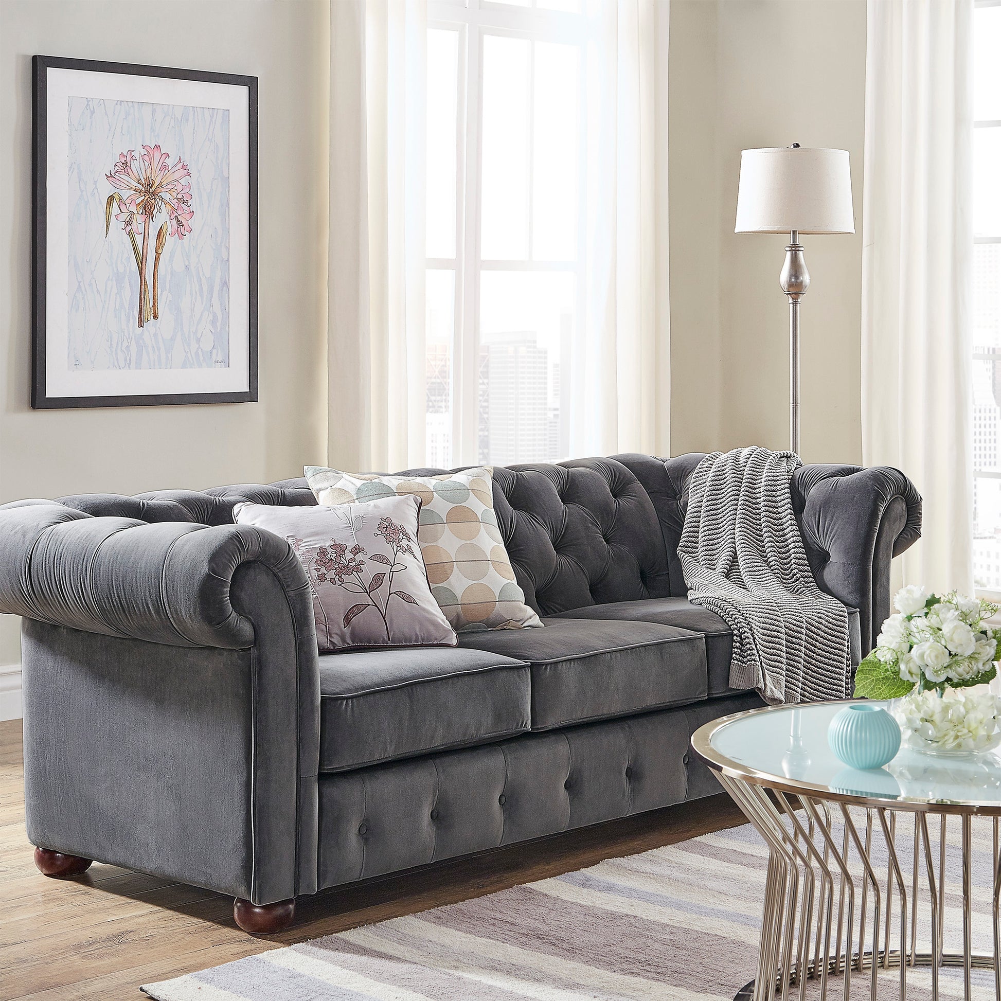 Dark Grey Velvet Tufted Sofa Baci Living Room