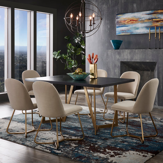 Black and Distressed Gold Finish Dining Set - 7-Piece Set, Beige Upholstered Chairs