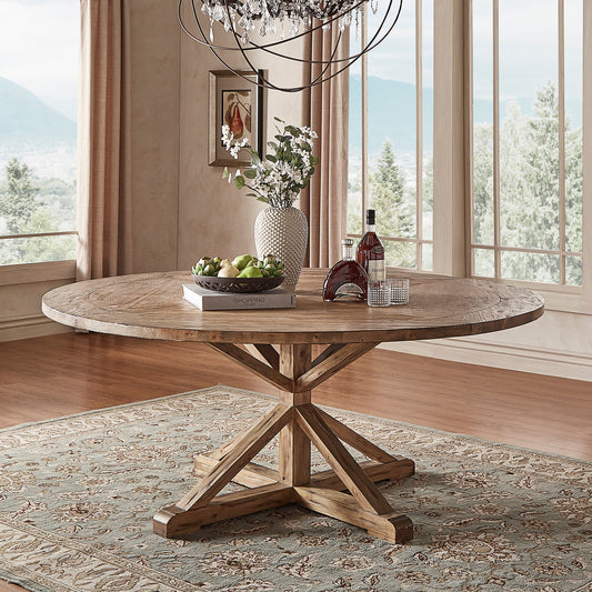 Rustic X-Base Round Pine Wood Dining Table - Pine Finish, 60-inch