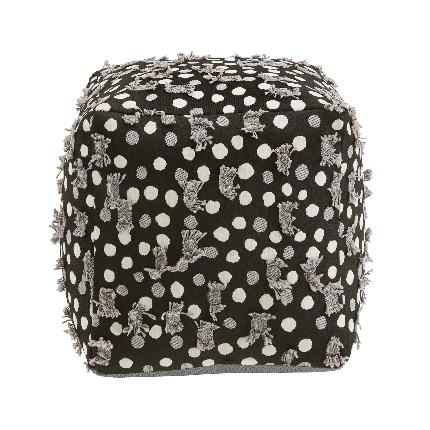 Upholstered Square Pouf Ottoman - Black White & Grey Poker Dot Pattern Fabric With Fringe