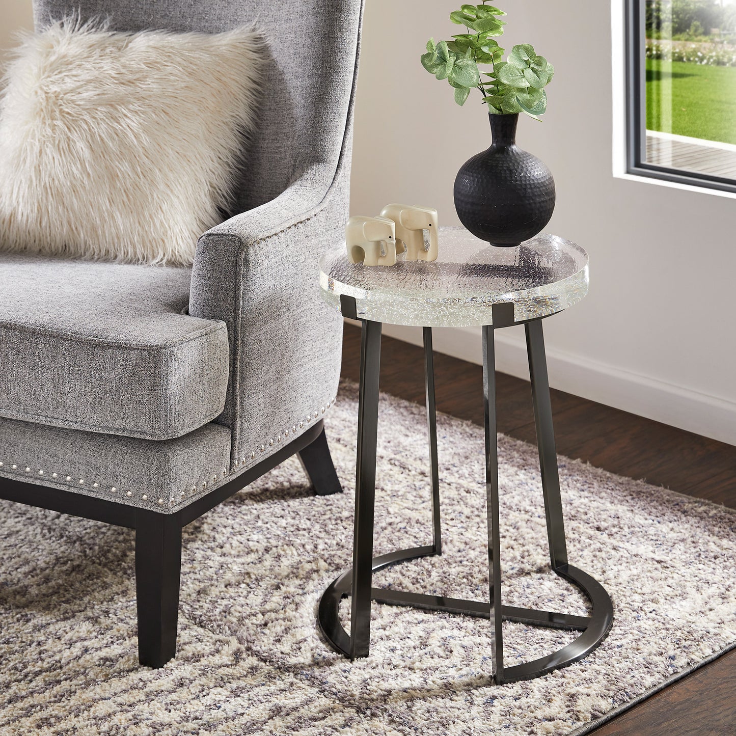 Stainless Steel Glass Top Table - Iron Grey Finish, Round End Table