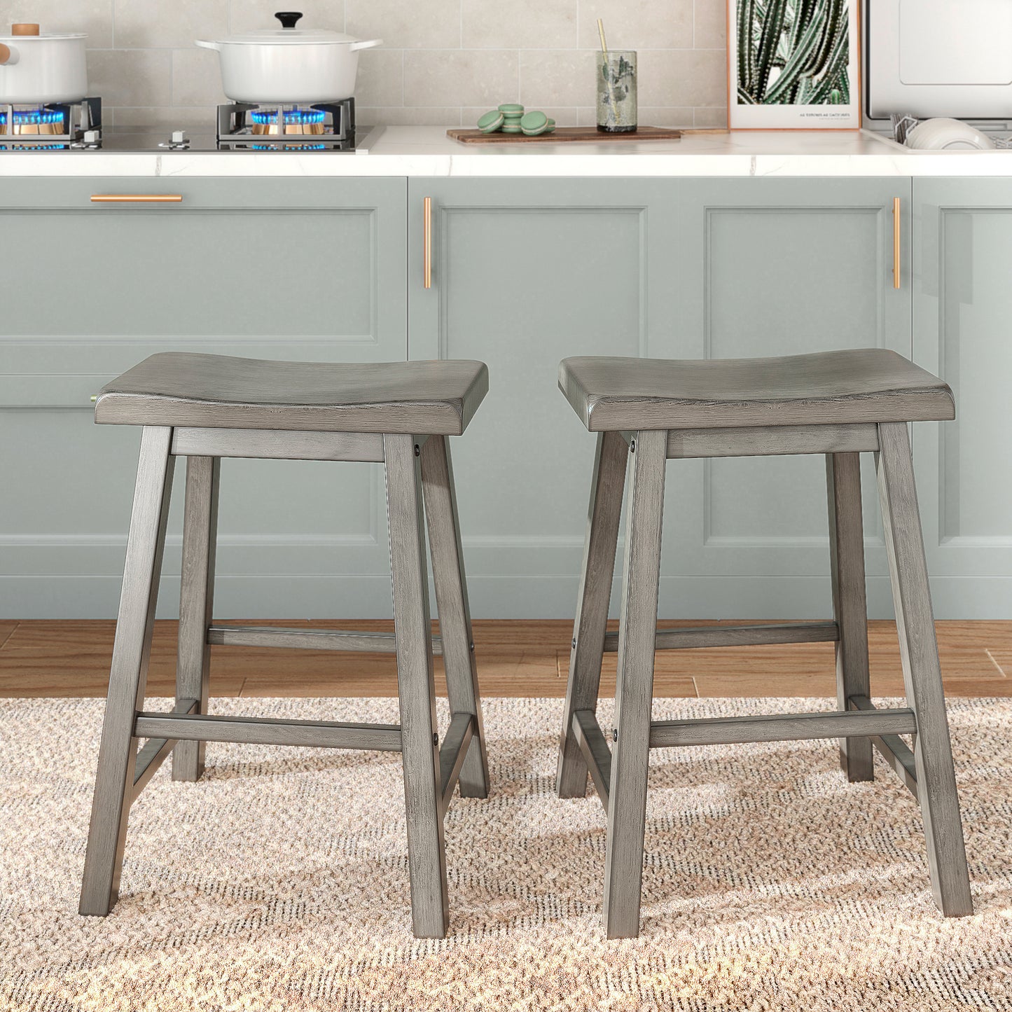 Saddle Seat Counter Height Backless Stools (Set of 2) - Antique Grey Finish