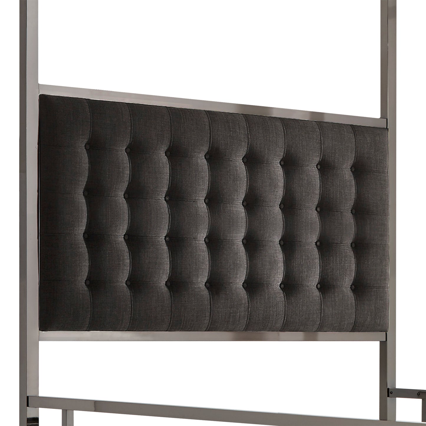 Metal Canopy Bed with Upholstered Headboard - Dark Grey Linen, Black Nickel Finish, Queen Size