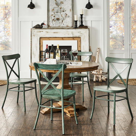 Oak Round Solid Wood Top 5-Piece Dining Set with X-Cross Back Chairs - Antique Sage Green Finish Chairs