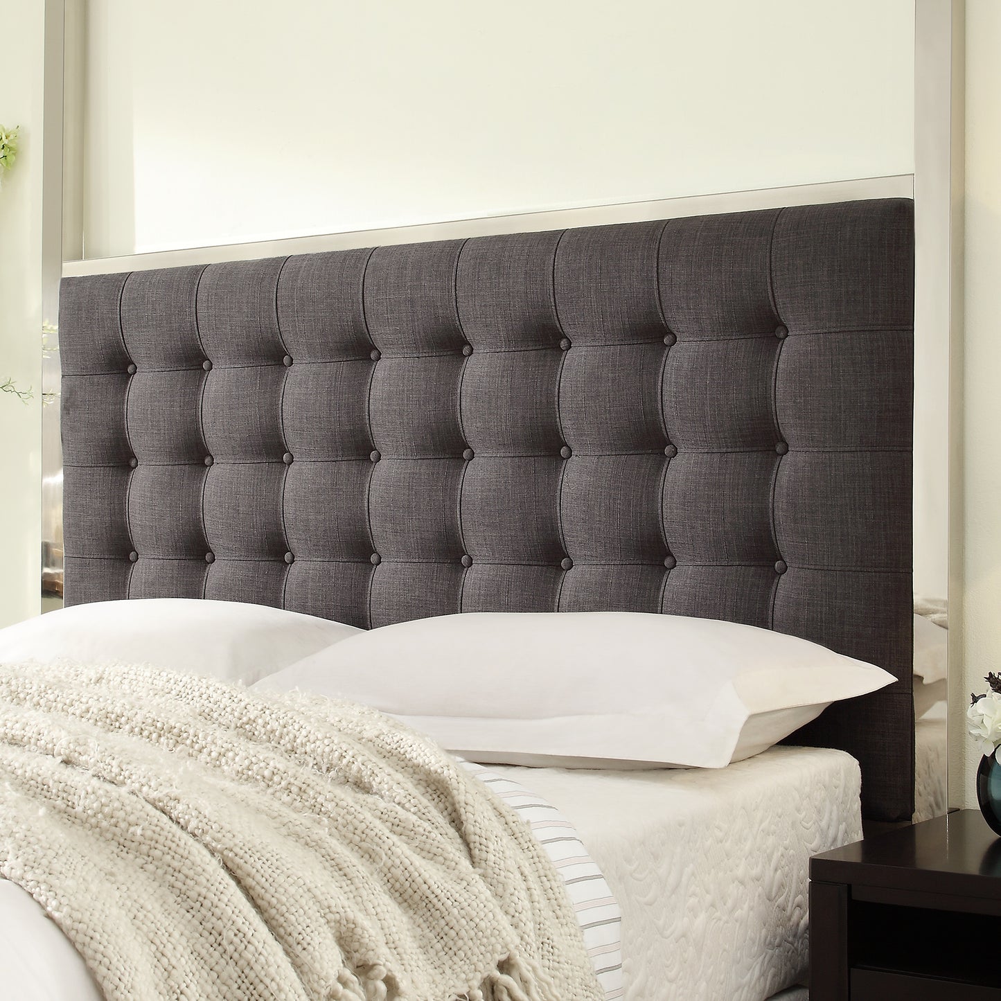 Metal Canopy Bed with Upholstered Headboard - Dark Grey Linen, Chrome Finish, Queen Size