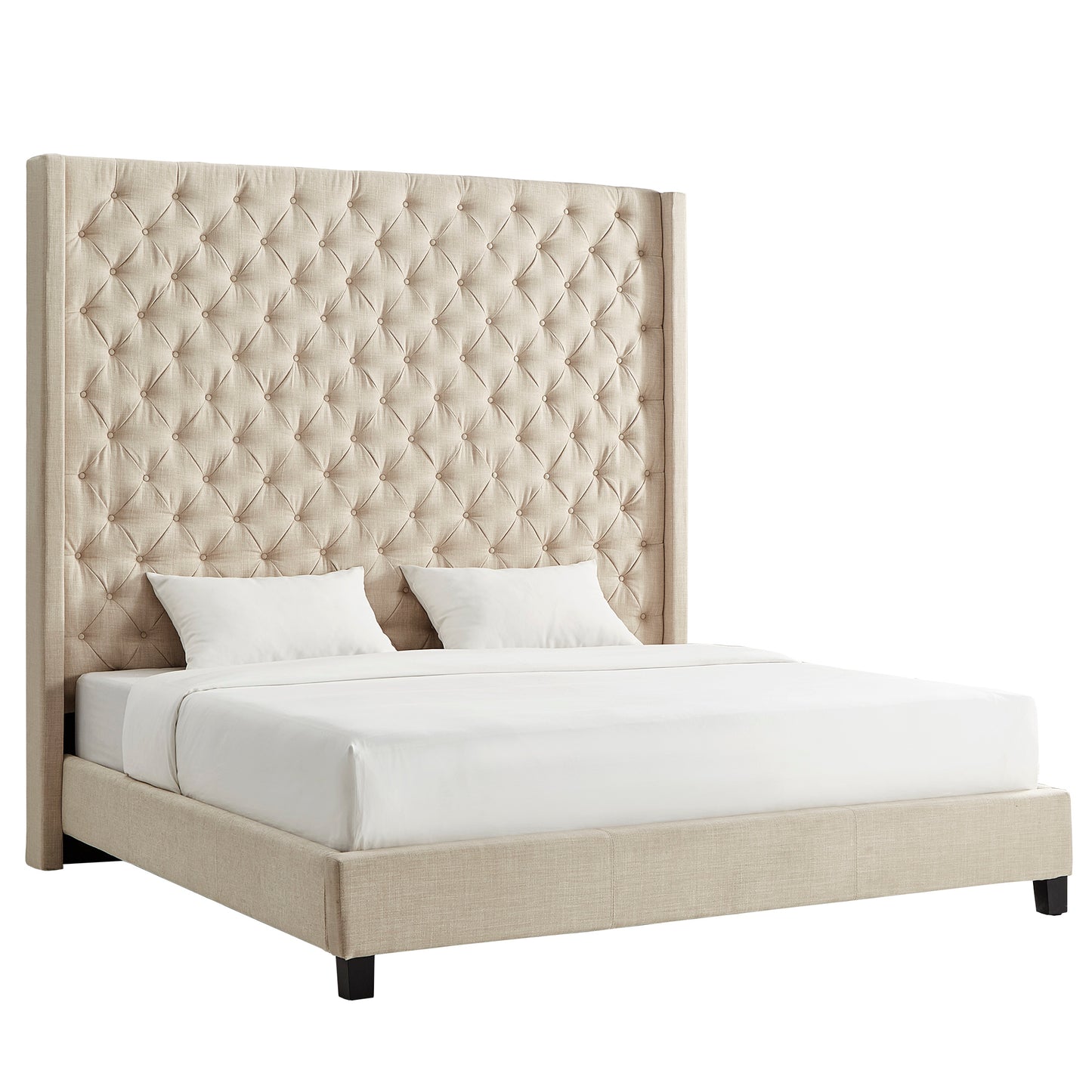 Wingback Button Tufted 84" Tall Headboard Bed - Beige Linen, King