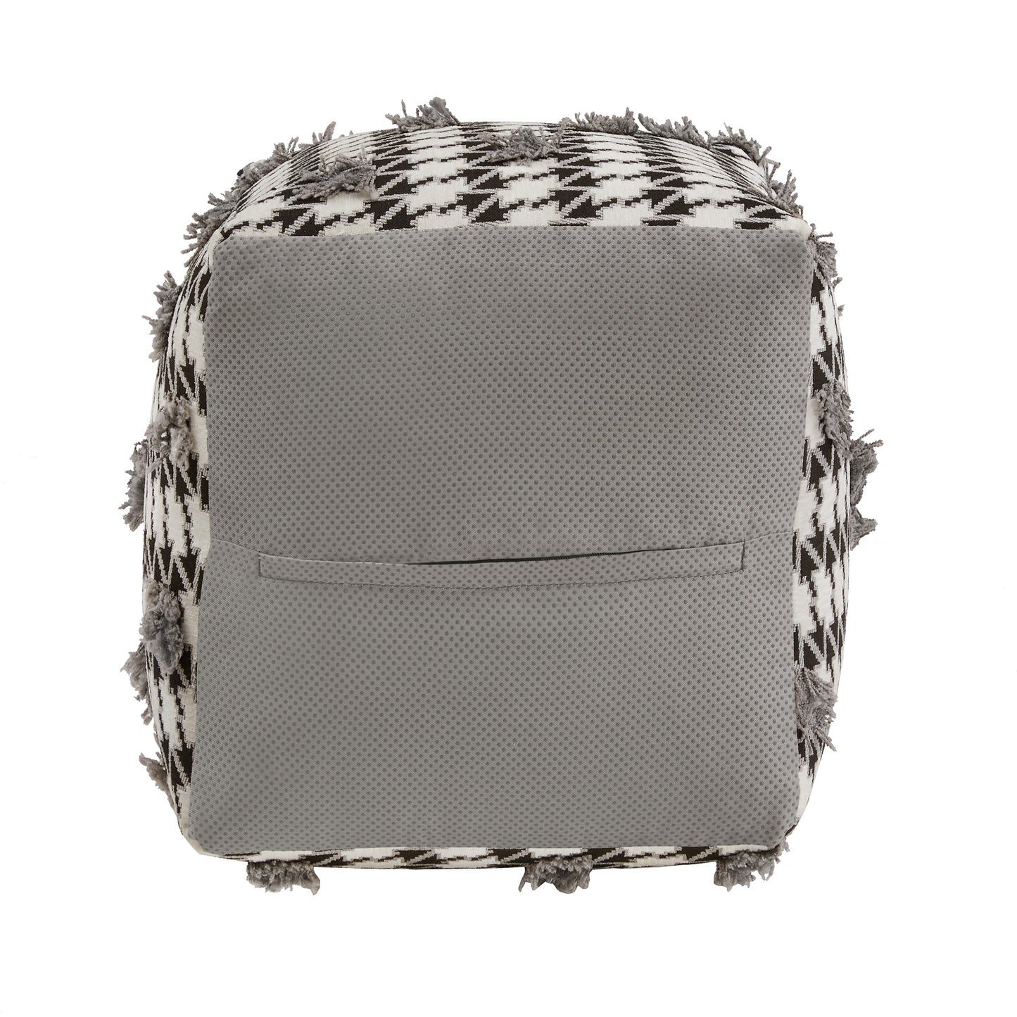 Upholstered Square Pouf Ottoman - Black & White Houndstooth Pattern Fabric With Fringe