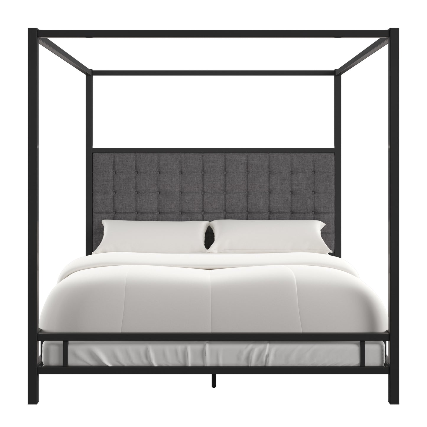 Metal Canopy Bed with Upholstered Headboard - Dark Grey Linen, Black Nickel Finish, King Size