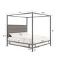 Metal Canopy Bed with Upholstered Headboard - Grey Linen, Black Nickel Finish, King Size
