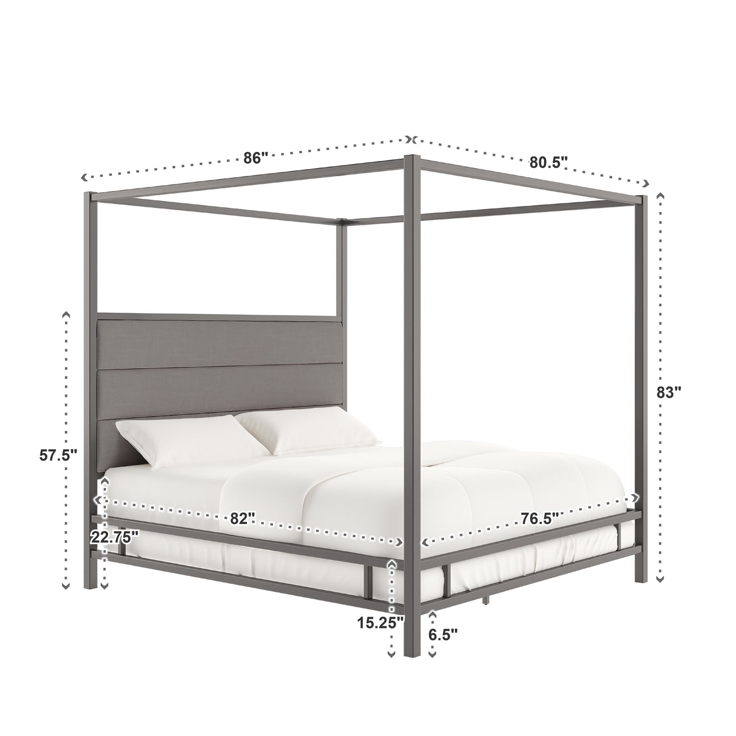Metal Canopy Bed with Upholstered Headboard - Grey Linen, Black Nickel Finish, King Size