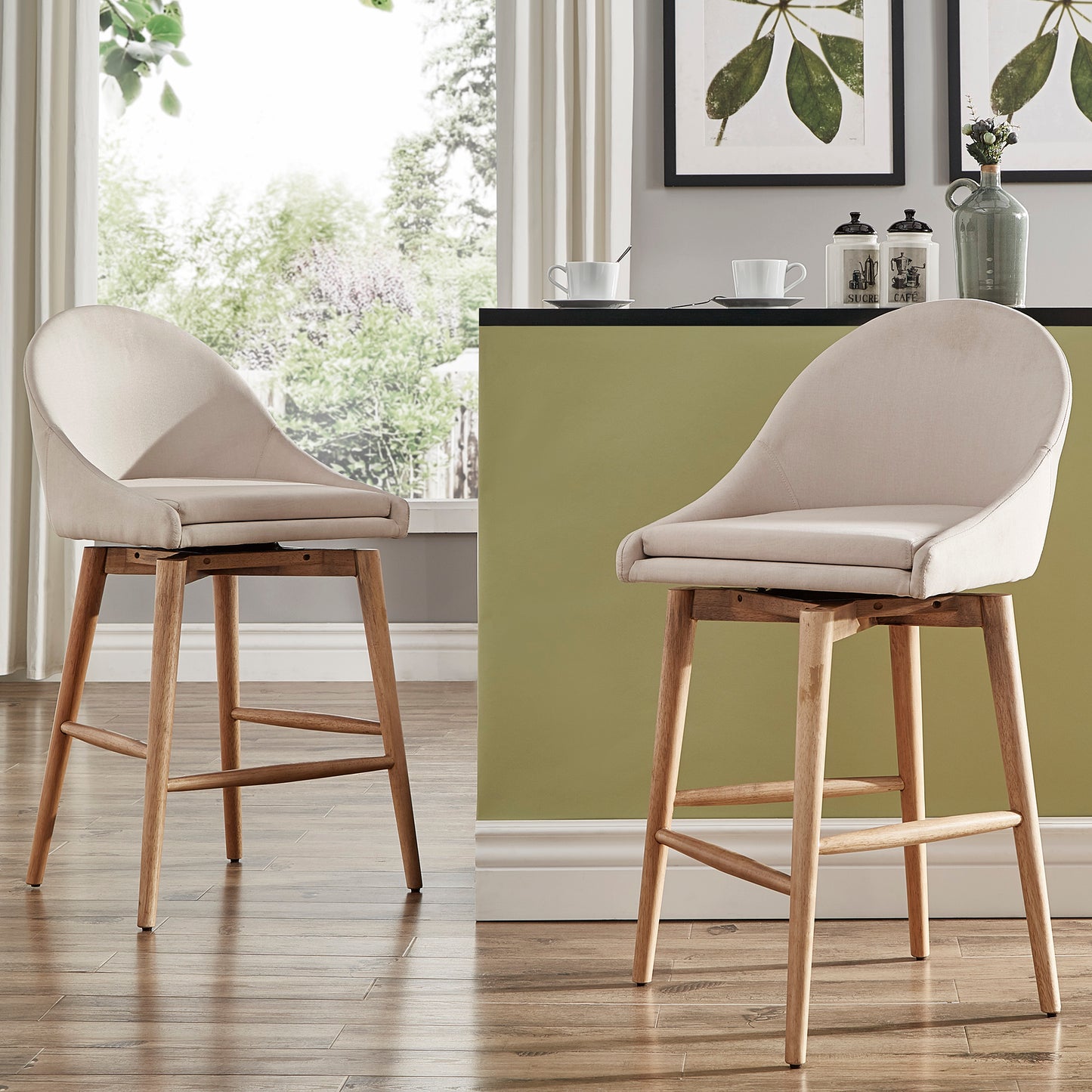 Mid-Century Wood Counter Height Stools (Set of 2) - Beige Linen, Counter Height, With Swivel