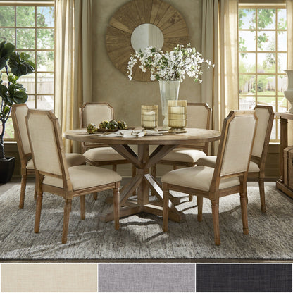 Round 7-Piece Dining Set - Dark Grey Linen, Arched Bridge Chair Backs