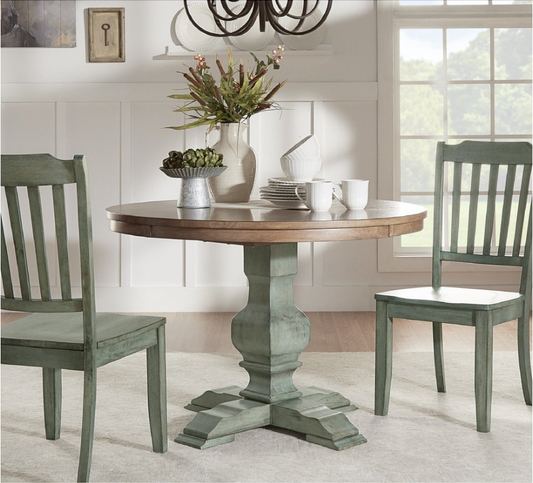 Two-Tone Round Solid Wood Top Dining Table - Oak Top with Antique Sage Green Base