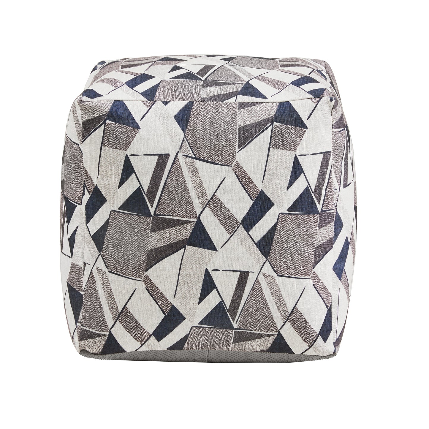 Upholstered Square Pouf Ottoman - Blue & Grey Tone Geometric Pattern Fabric