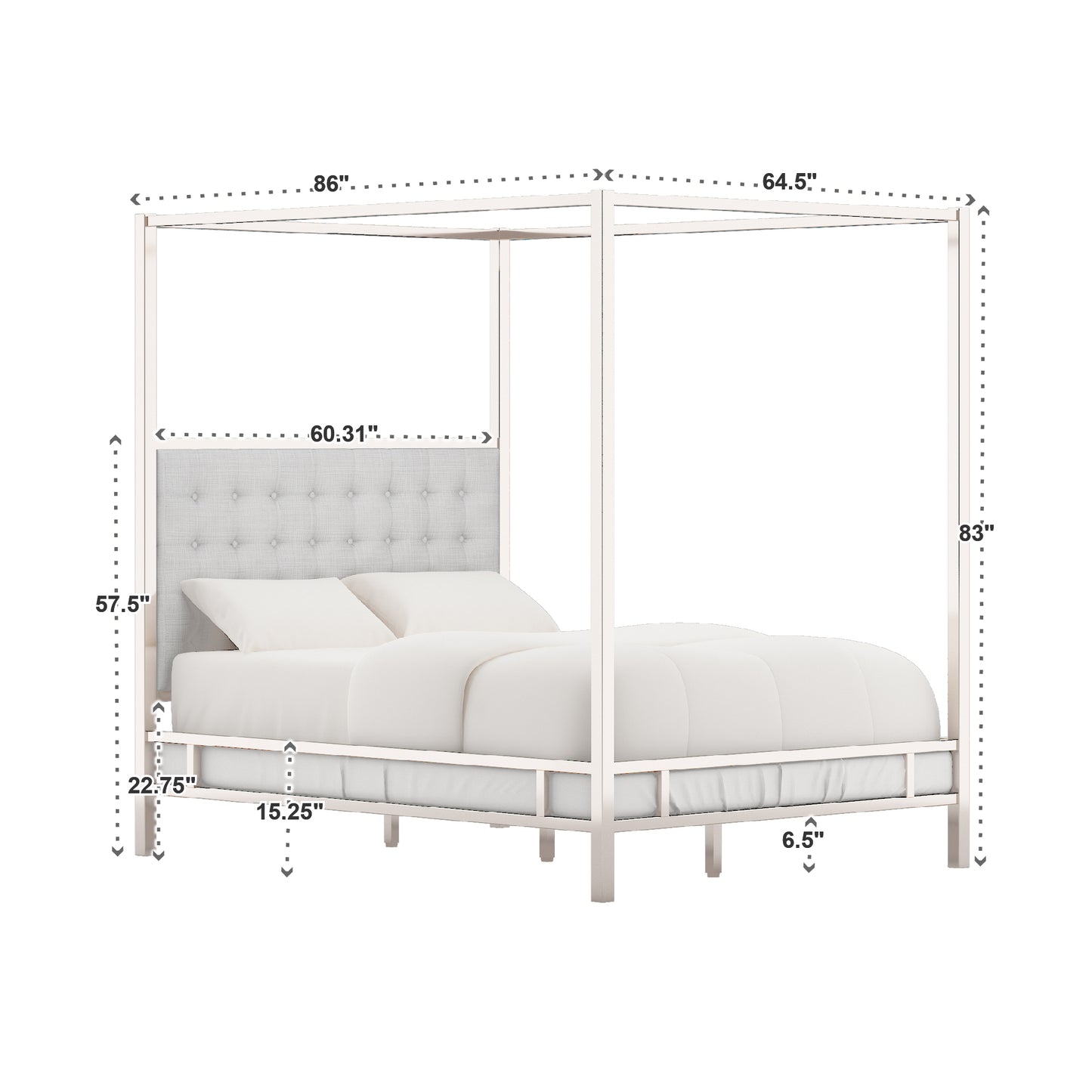 Metal Canopy Bed with Upholstered Headboard - Off-White Linen, Chrome Finish, Queen Size