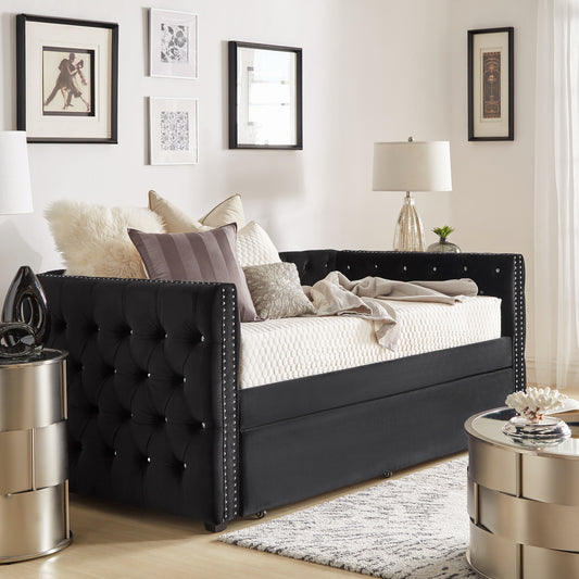 Tufted Nailhead Daybed - Black Velvet, With Trundle