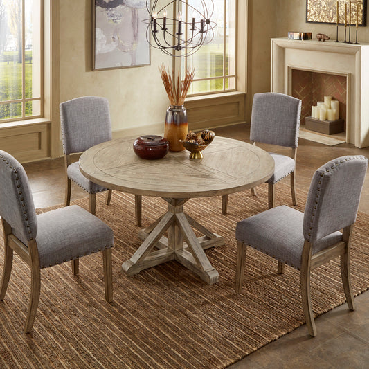 Wood Round 5-Piece Dining Set - Grey Finish, Grey Linen, 54-inch Table
