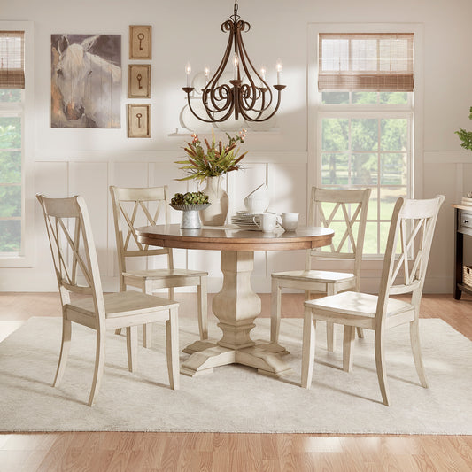 Round Solid Wood Top Dining Set with X-Back Chairs - Oak Top with Antique White Base Table and Antique White Chairs
