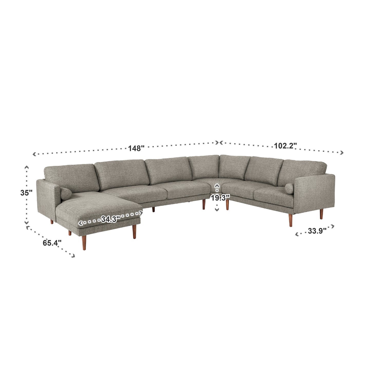 Mid-Century Upholstered Sectional Sofa - Light Grey, 7-Seat, U-Shape Sectional with Left-Facing Chaise