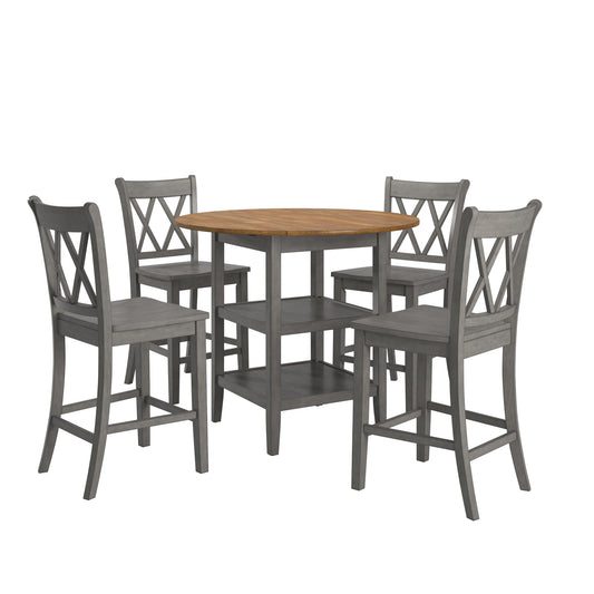 Antique Finish Drop Leaf Round Counter Height Dining Set - Antique Grey, Double X Back Chair, 5-Piece