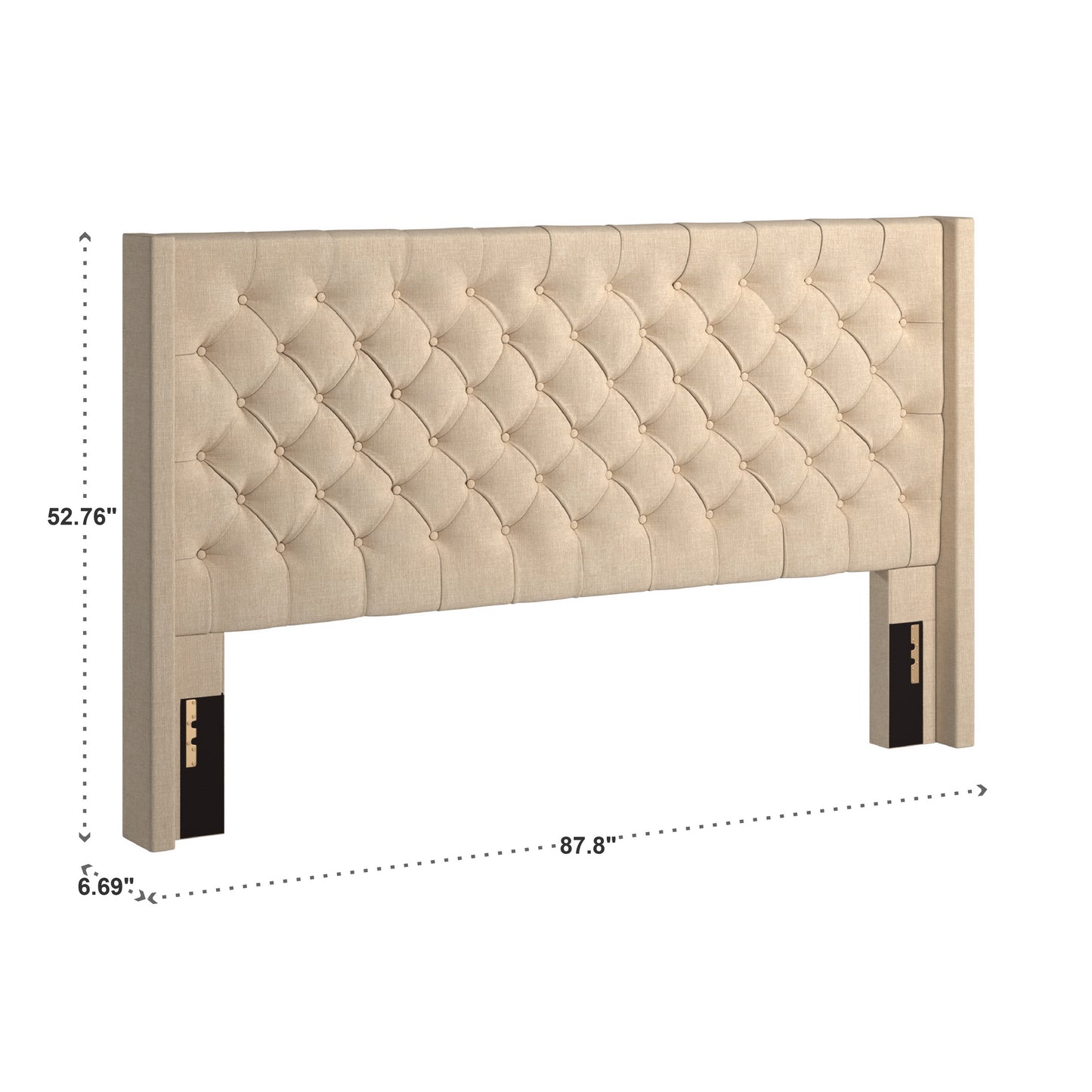 Wingback Button Tufted Linen Fabric Headboard - Beige, 52-inch Height, King Size