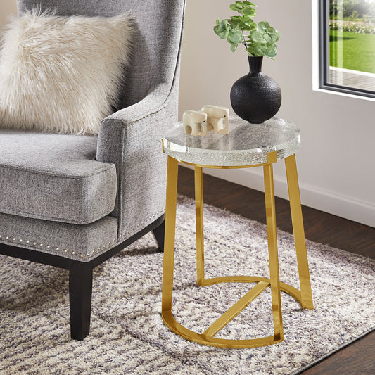 Stainless Steel Glass Top Table - Brass Finish, Round End Table