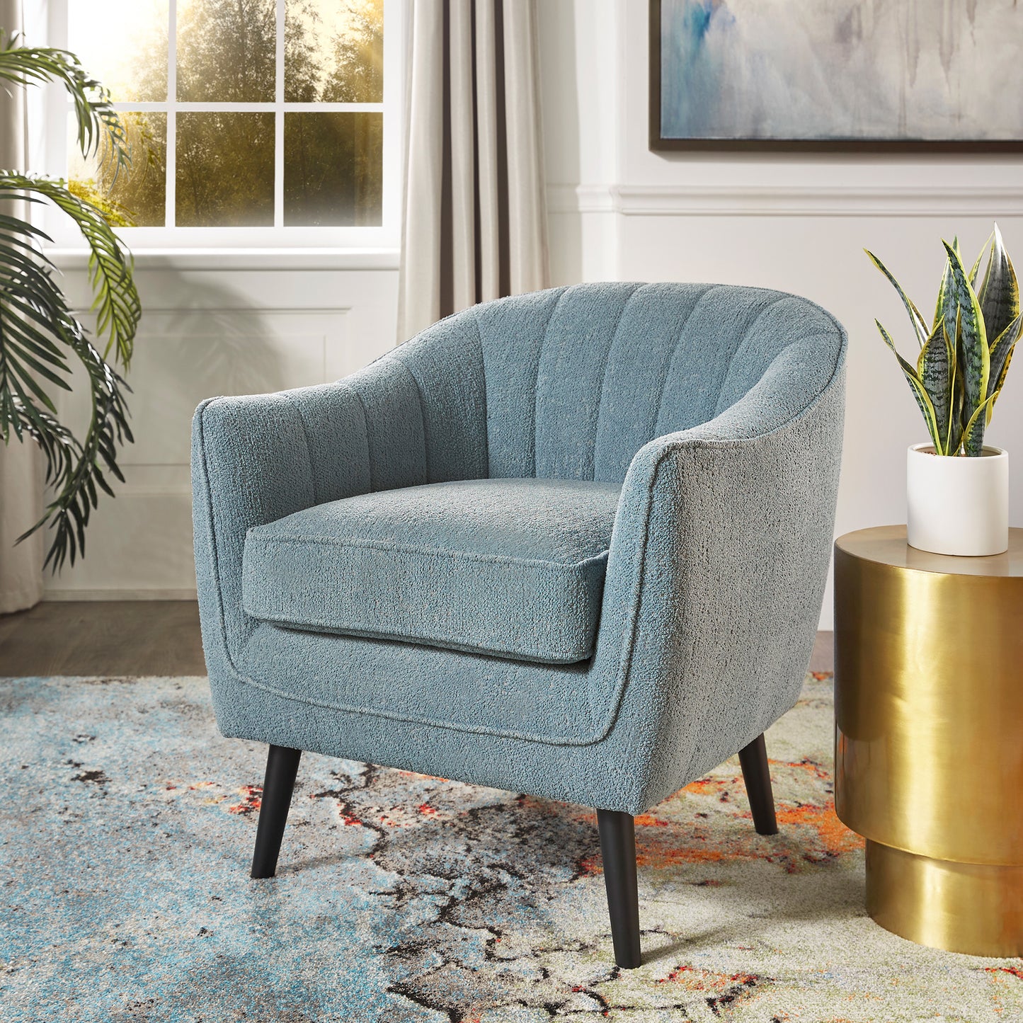 Mid-Century Modern Channel-Tufted Accent Chair with Removable Cushion Cover - Blue