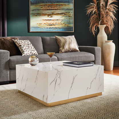 Faux Marble Coffee Table with Casters - White, Large Square