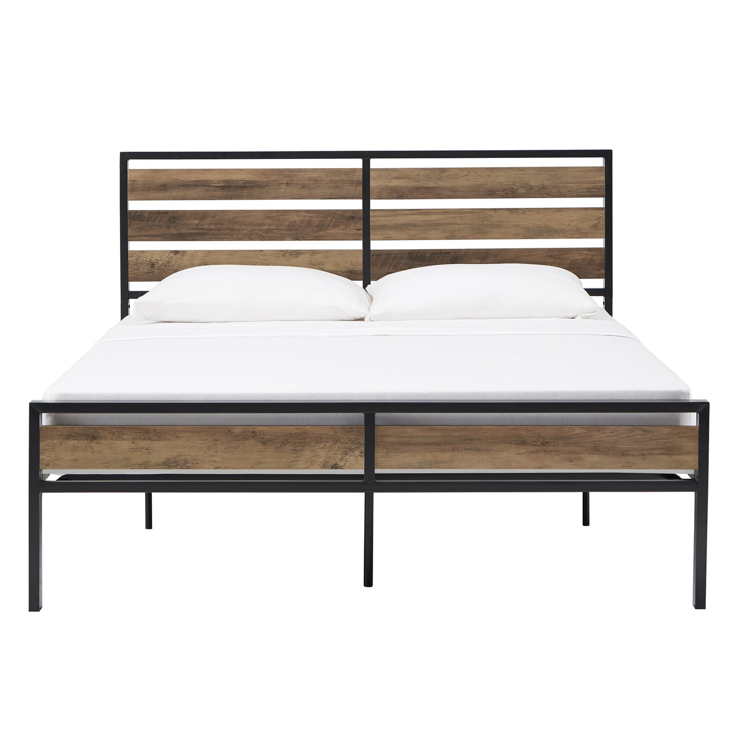 Low Profile Metal Platform Bed with Wood Finish Panels - Black, Queen (Queen Size)