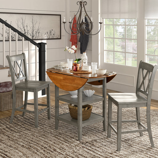 Antique Finish Drop Leaf Round Counter Height Dining Set - Antique Grey, Double X Back Chair, 3-Piece